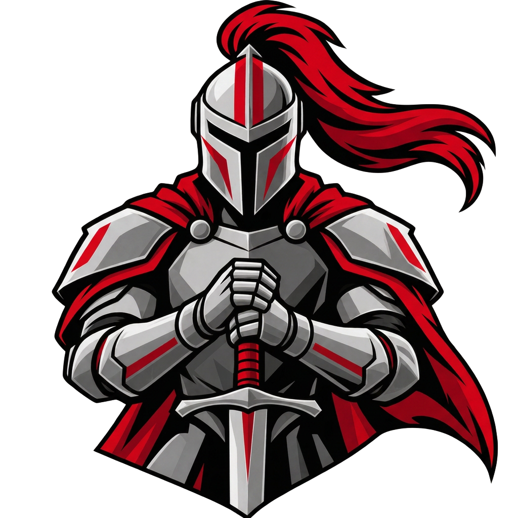 The Crimson Knight — CHSM mascot illustration in silver and crimson armor